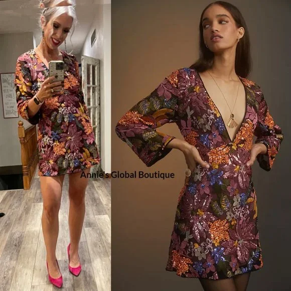 RARE NWT ANTHROPOLOGIE Sequined Embroidered Cut-Out Mini Dress. Size 20W - Picture 1 of 16